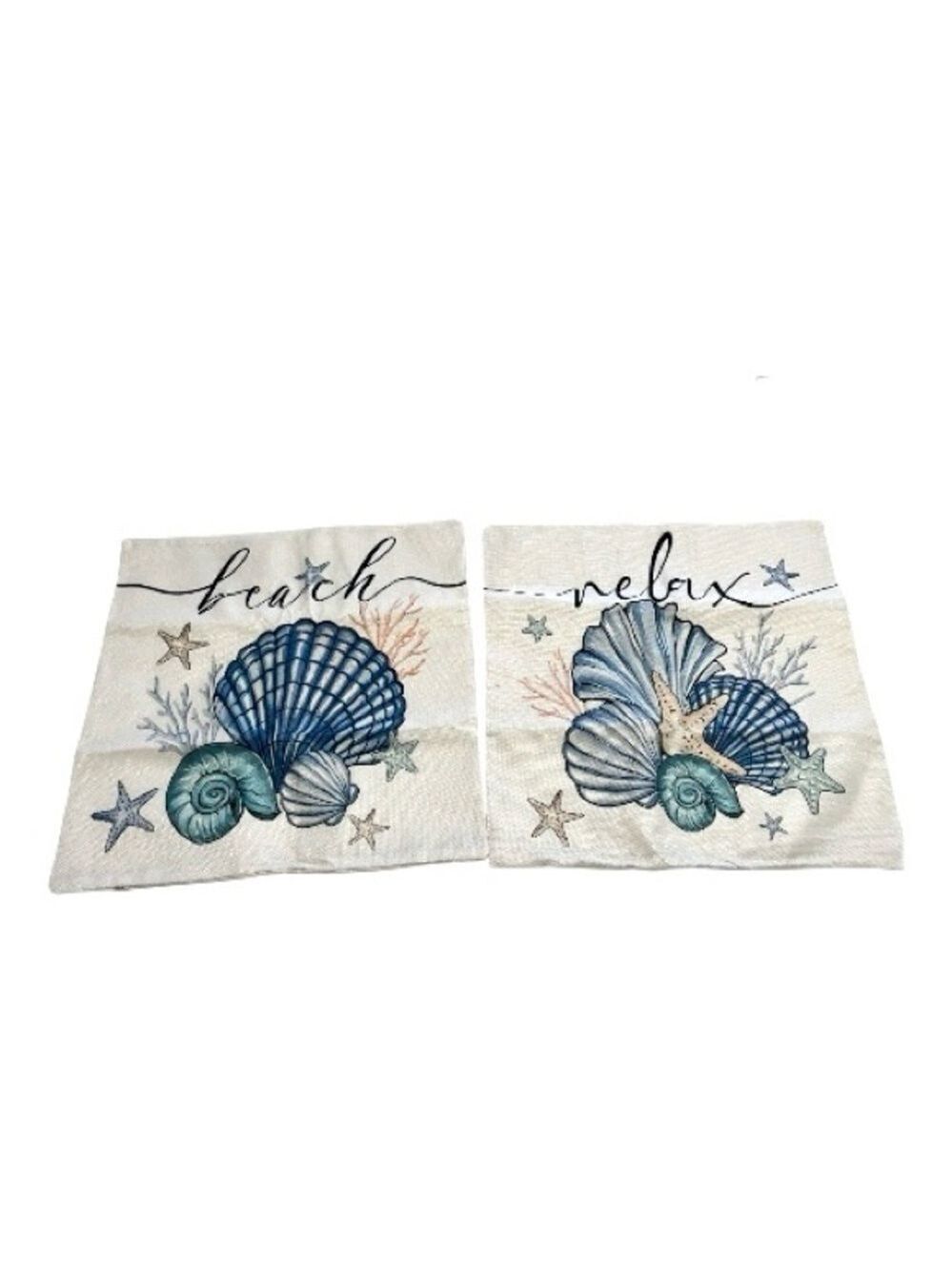Set of Two Seashell Accent Pillow Covers Blue & Cream Nautical Accents NWOT